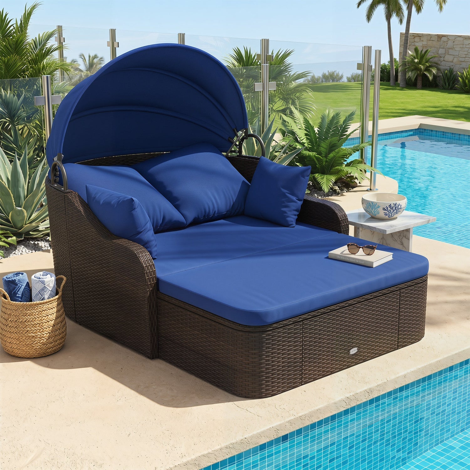 Outdoor Rattan Daybed with Retractable Canopy - Navy