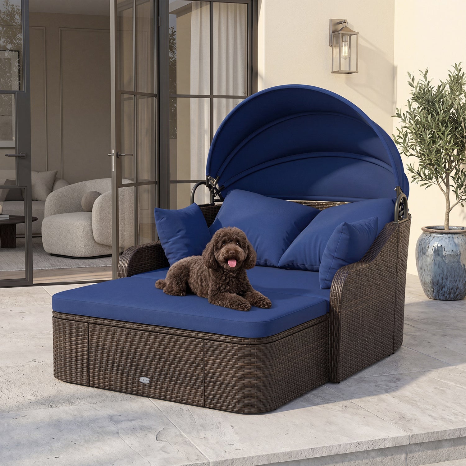 Outdoor Rattan Daybed with Retractable Canopy - Navy