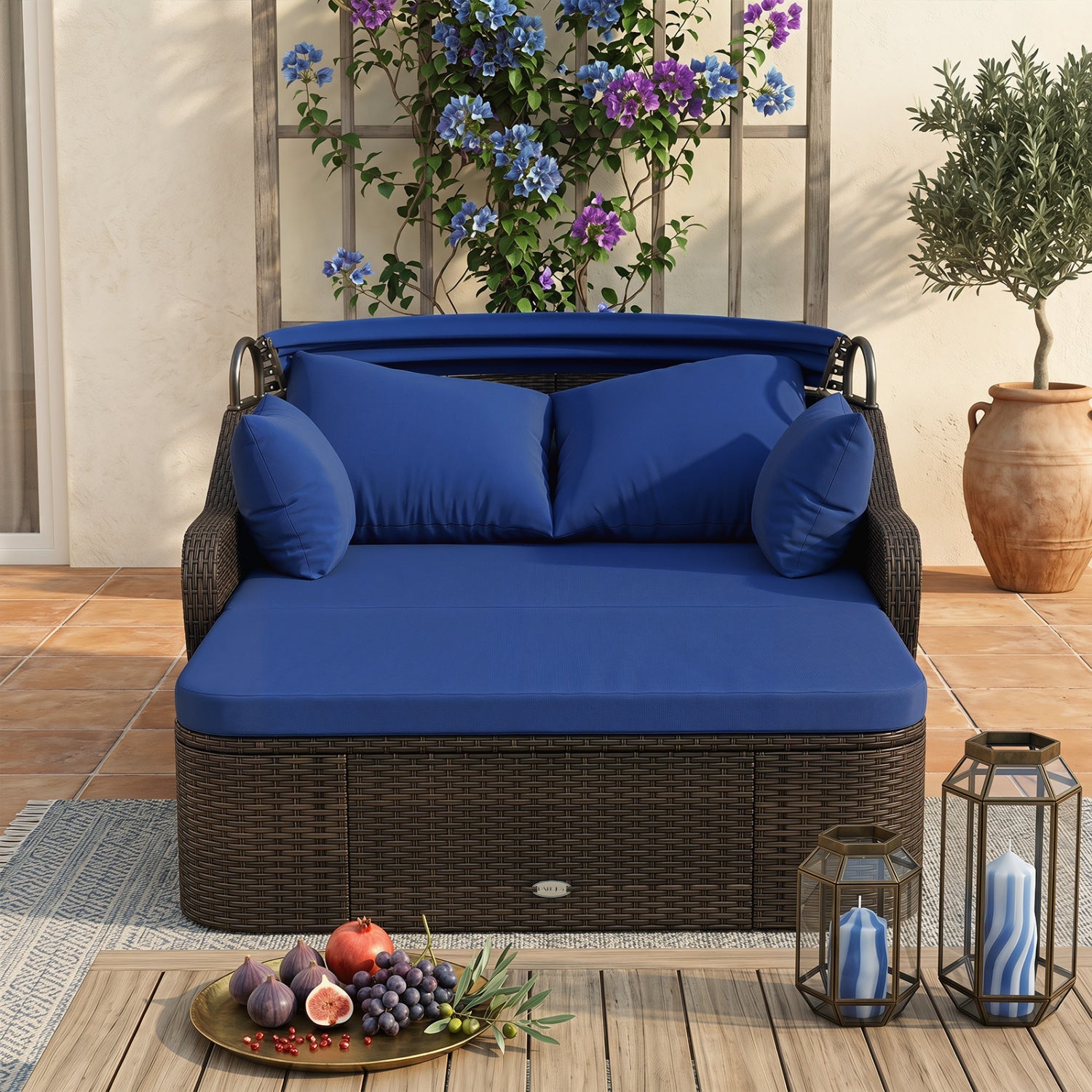 Outdoor Rattan Daybed with Retractable Canopy - Navy