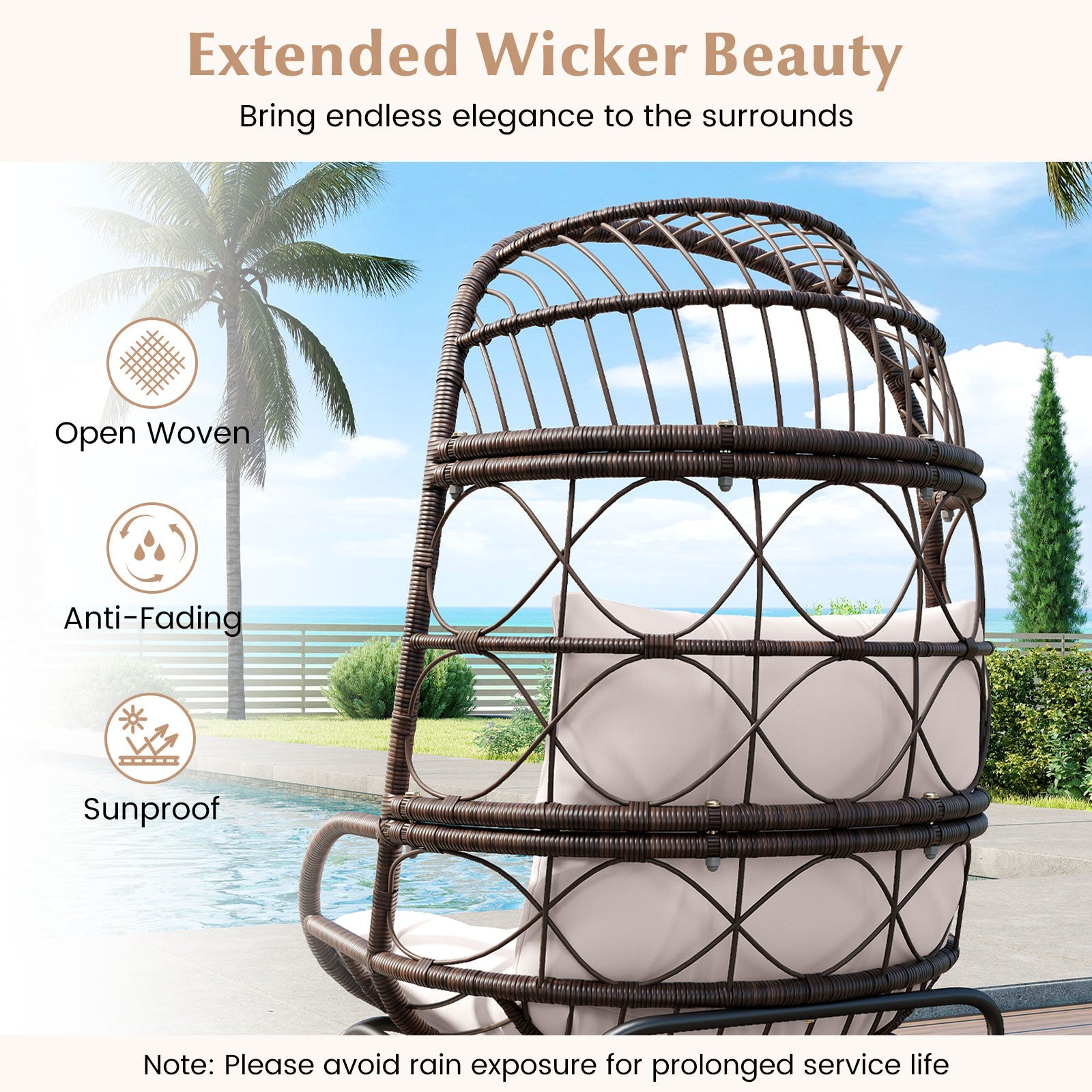Patio Wicker Egg Chair Outdoor Rattan Lounge Basket with Seat and Back Cushions-Brown