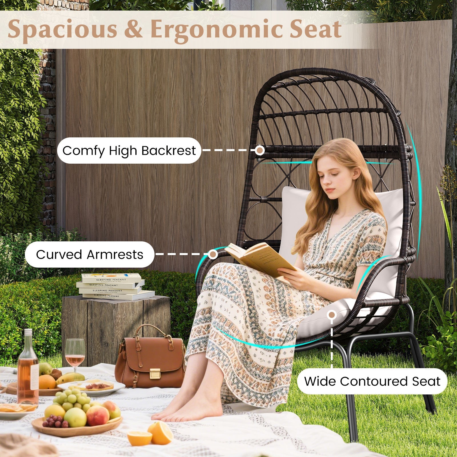 Patio Wicker Egg Chair Outdoor Rattan Lounge Basket with Seat and Back Cushions-Brown
