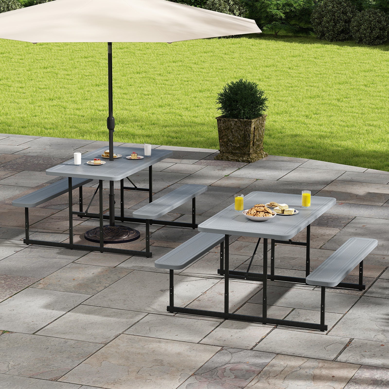 Picnic Table Bench Set for 2-4 People Outdoor Rectangular Camping Dining Table-Gray