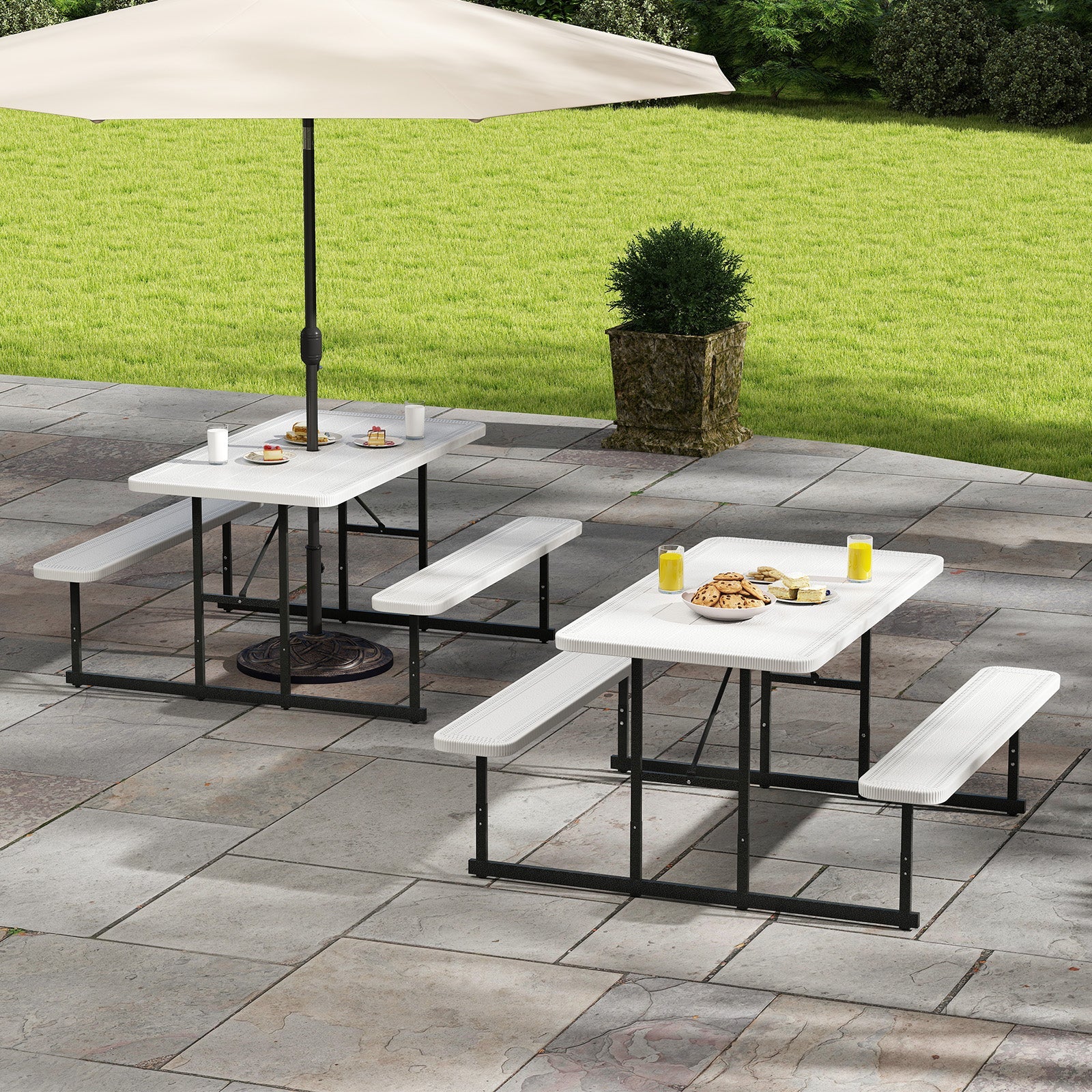 Picnic Table Bench Set for 2-4 People Outdoor Rectangular Camping Dining Table-White