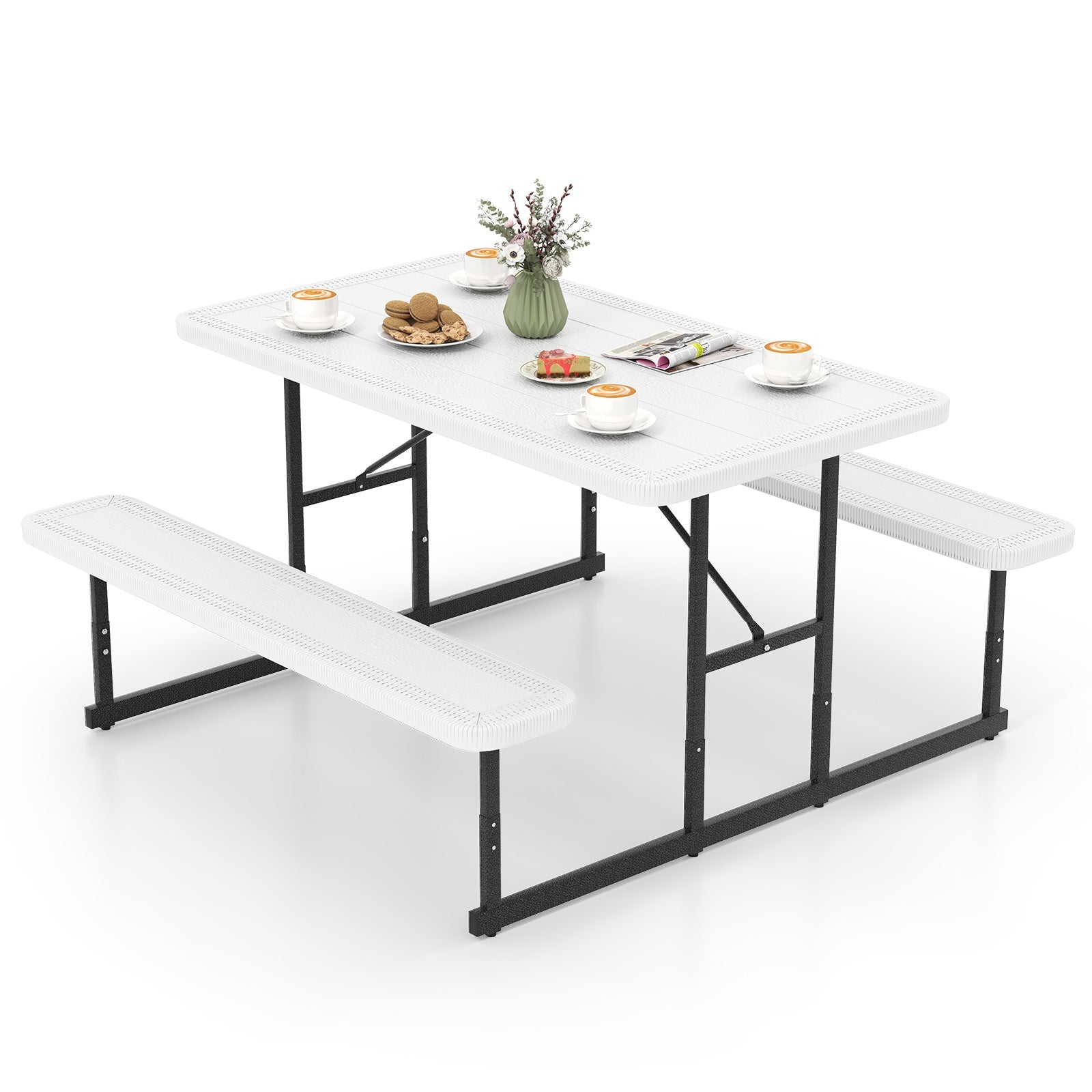 Picnic Table Bench Set for 2-4 People Outdoor Rectangular Camping Dining Table-White
