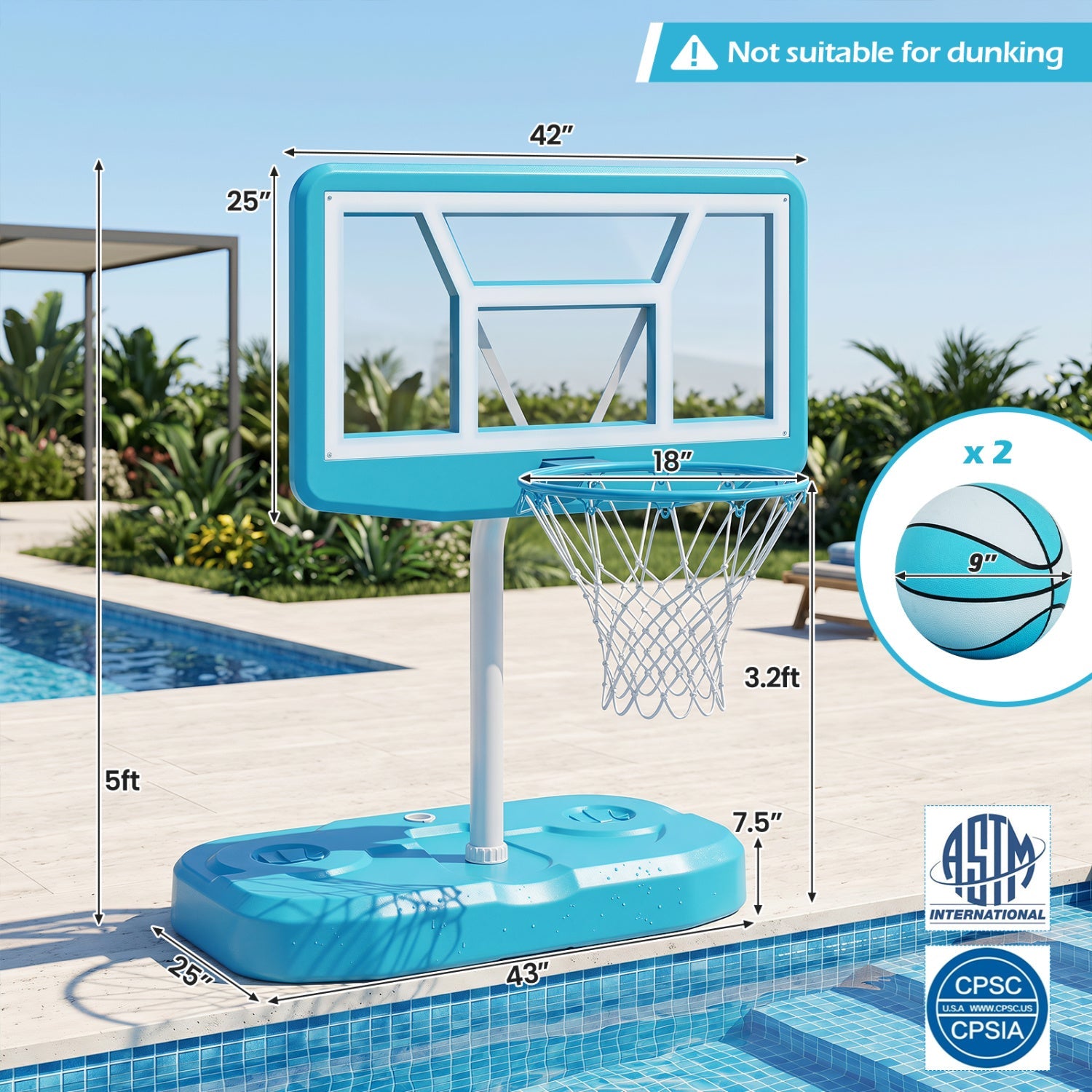 Pool Basketball Hoop Set with 2 Balls and Pump