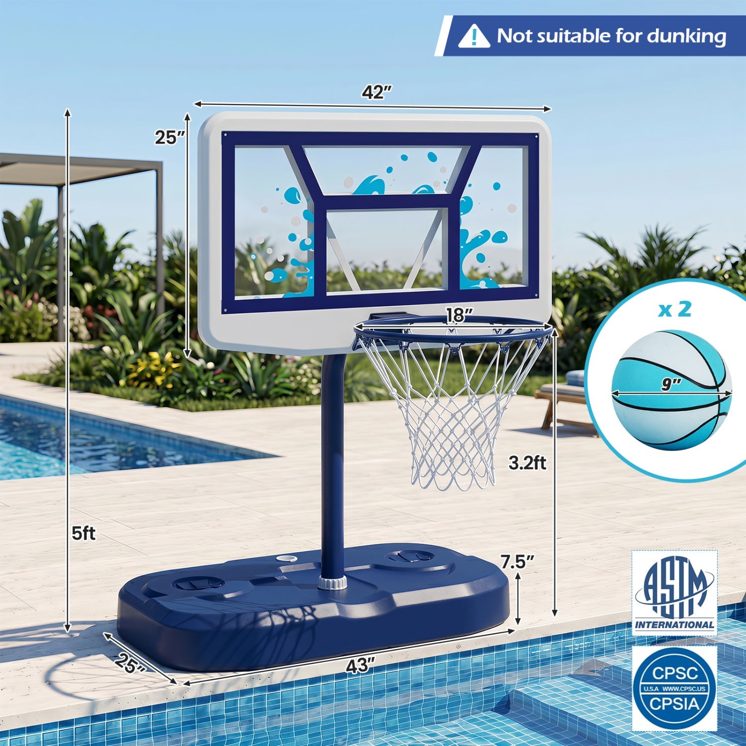 Pool Basketball Hoop Set with 2 Balls and Pump