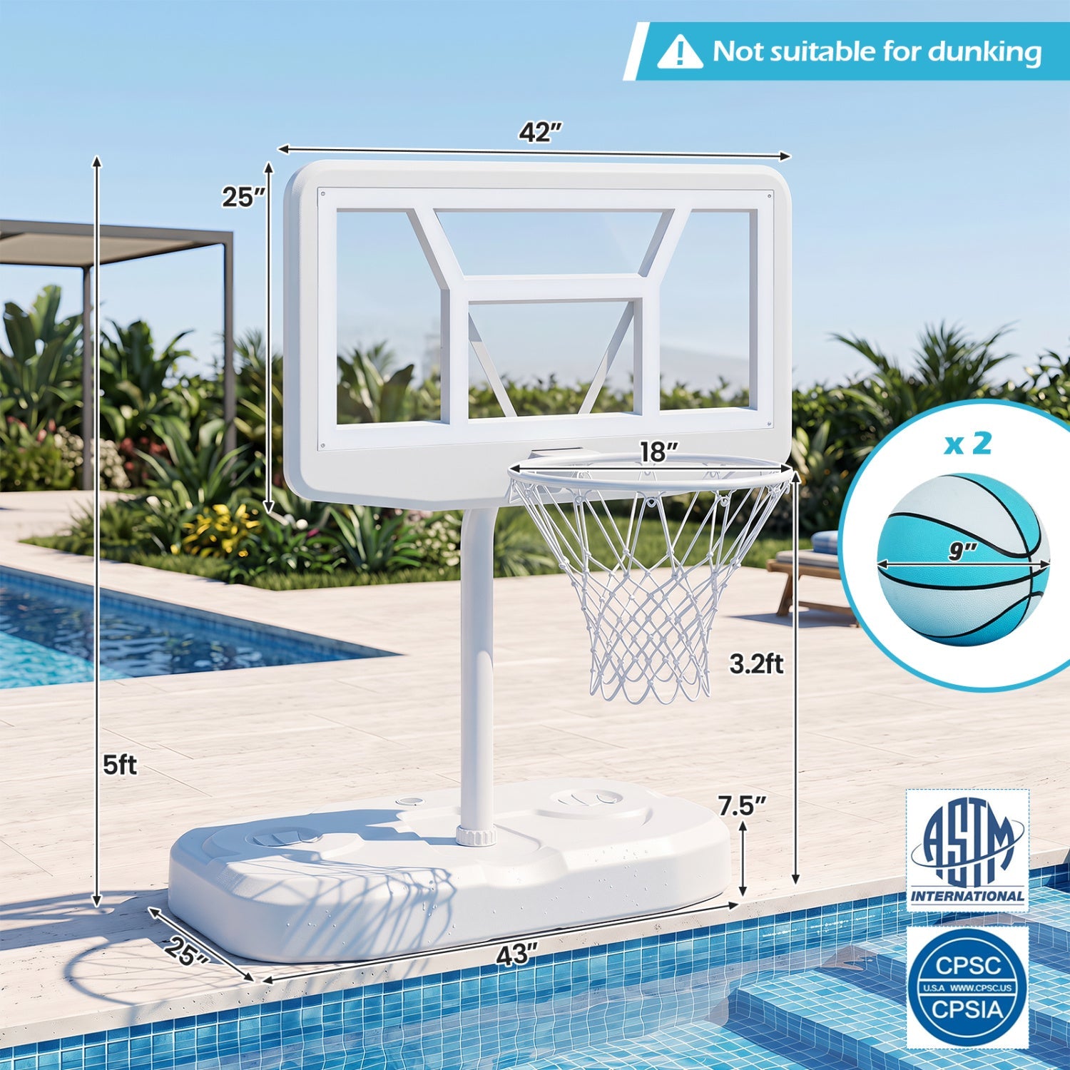 Pool Basketball Hoop Set with 2 Balls and Pump