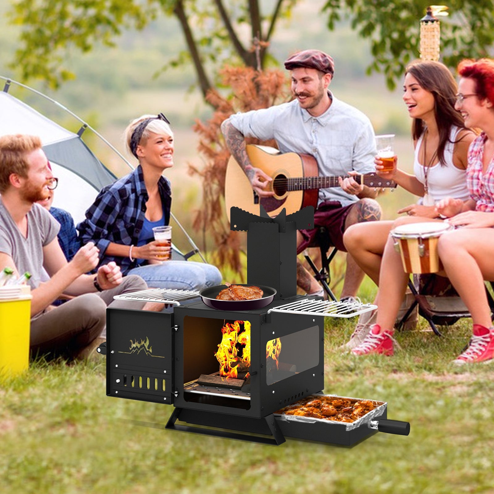 Portable Wood Burning Stove Mini Heater Burner with Pot Rack Oven Pan-Black