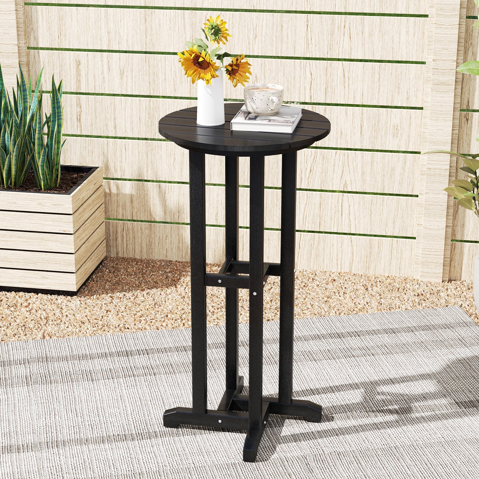 21.5 Inch Round Bar Table Patio HDPE Bar Height Dining Table with Slatted Tabletop-Black