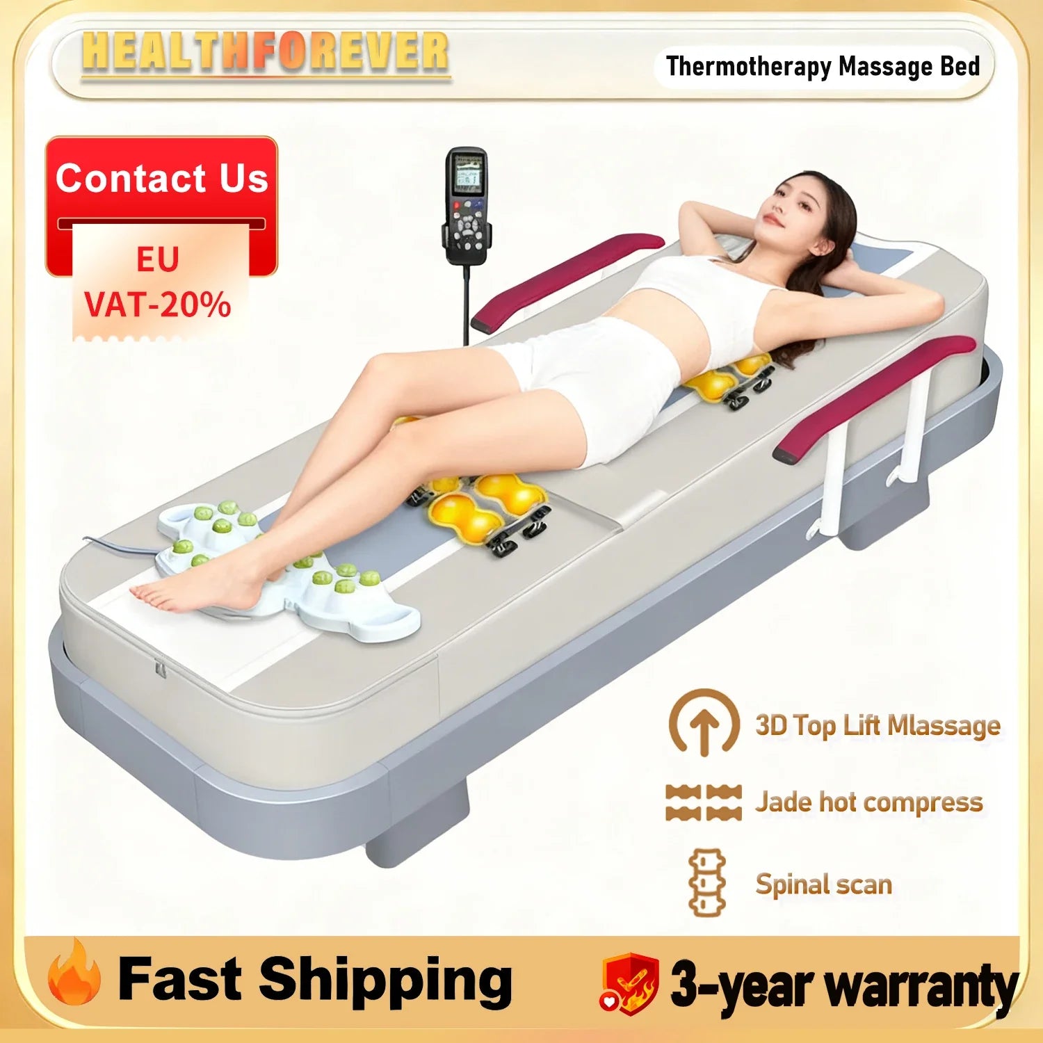 HEALTHFOREVER Electric Jade Stone Massage Bed With Heat Kneading Roller