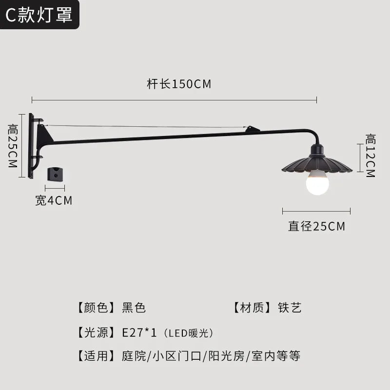 DecorBites™ Black LED Swing Arm Wall Lamp for Outdoor Decor in Bedroom, Balcony & Aisle