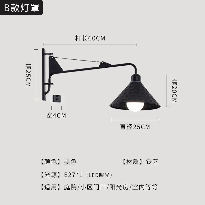 DecorBites™ Black LED Swing Arm Wall Lamp for Outdoor Decor in Bedroom, Balcony & Aisle