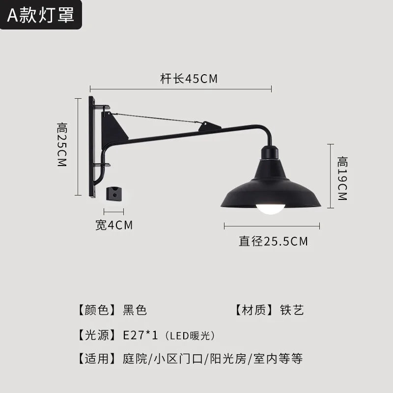 DecorBites™ Black LED Swing Arm Wall Lamp for Outdoor Decor in Bedroom, Balcony & Aisle