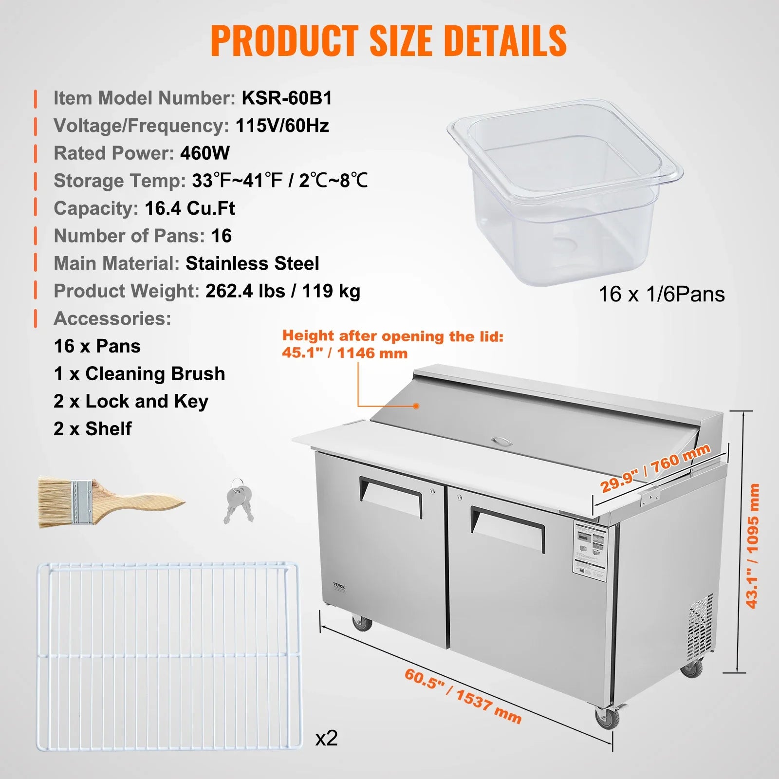 SucceBuy Stainless Steel Commercial Refrigerator Sandwich And Salad Prep Table