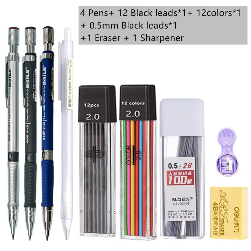 Mechanical Pencil Set With 2B Lead Refills For Writing And Sketching