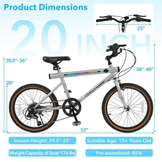 20 Inch LED-lit Cycling Bike with 2 Speakers and Ambient Lights for Men and Women-Black