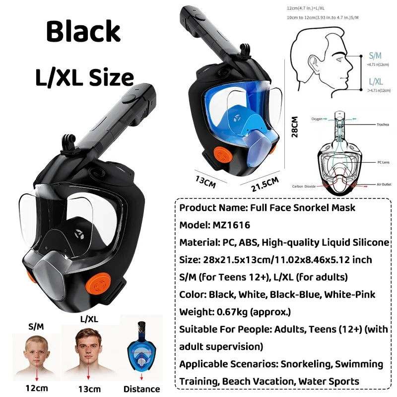 Full Face Snorkel Mask 180° Panoramic View Dry Top Snorkel Anti-Fog Leak-Proof Safe Breathing Swimming Diving Gear for Adults