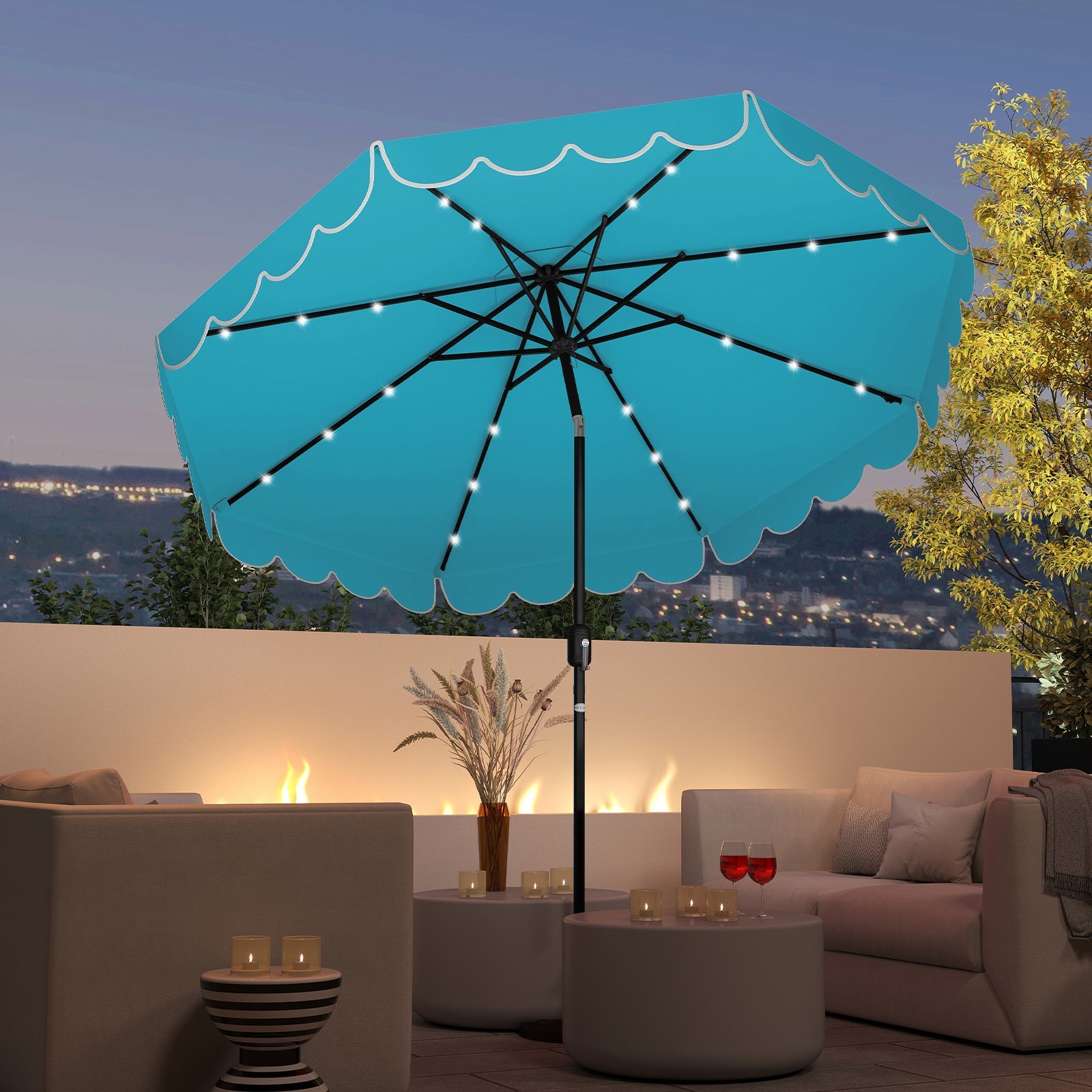 9.3 Feet Solar Patio Umbrella with 24 LED Lights Vented Top and Ruffles-Turquoise