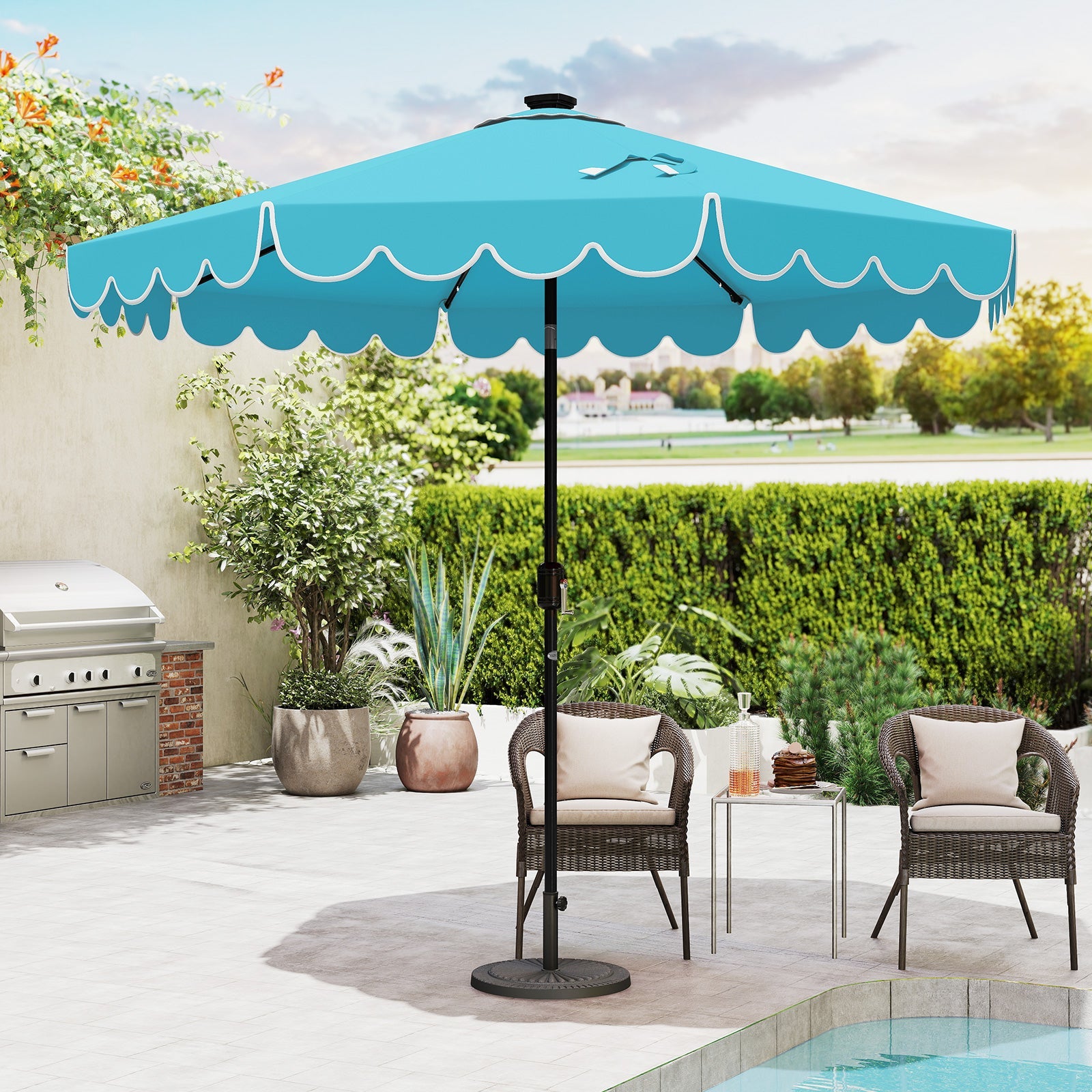 9.3 Feet Solar Patio Umbrella with 24 LED Lights Vented Top and Ruffles-Turquoise