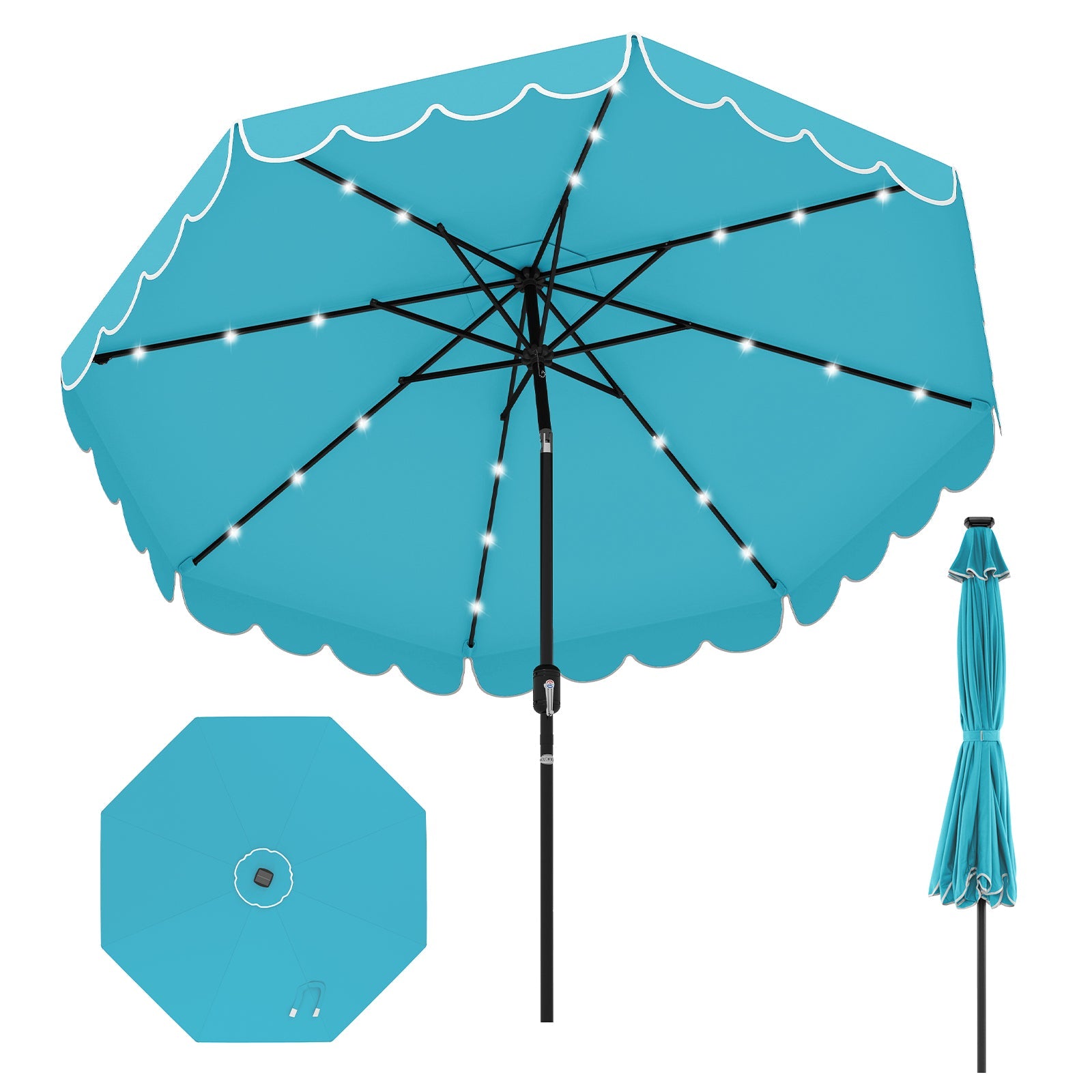 9.3 Feet Solar Patio Umbrella with 24 LED Lights Vented Top and Ruffles-Turquoise