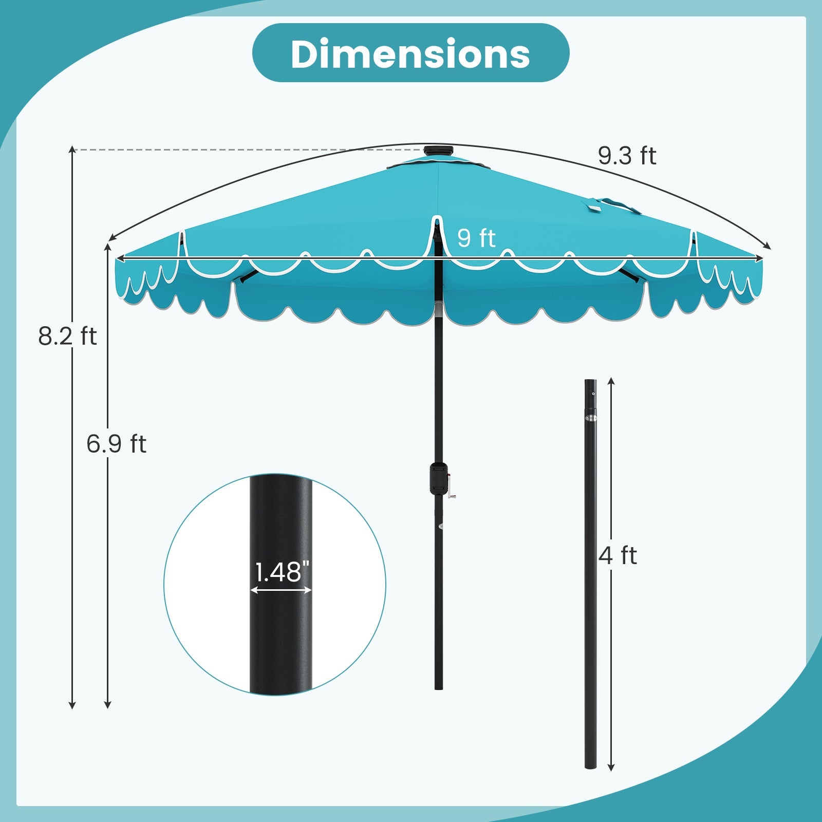 9.3 Feet Solar Patio Umbrella with 24 LED Lights Vented Top and Ruffles-Turquoise