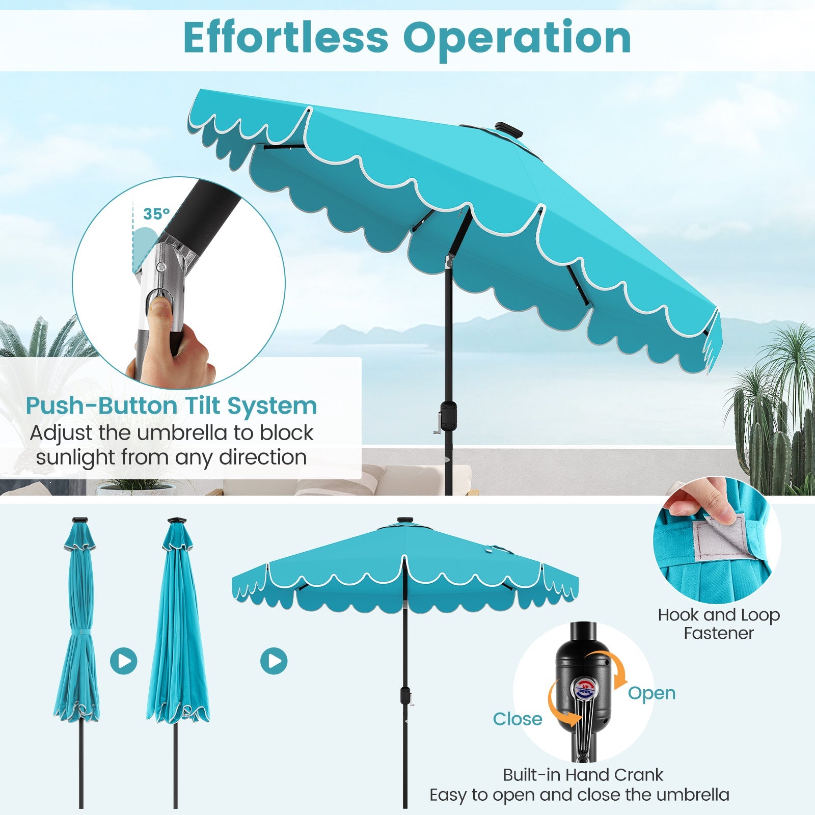 9.3 Feet Solar Patio Umbrella with 24 LED Lights Vented Top and Ruffles-Turquoise