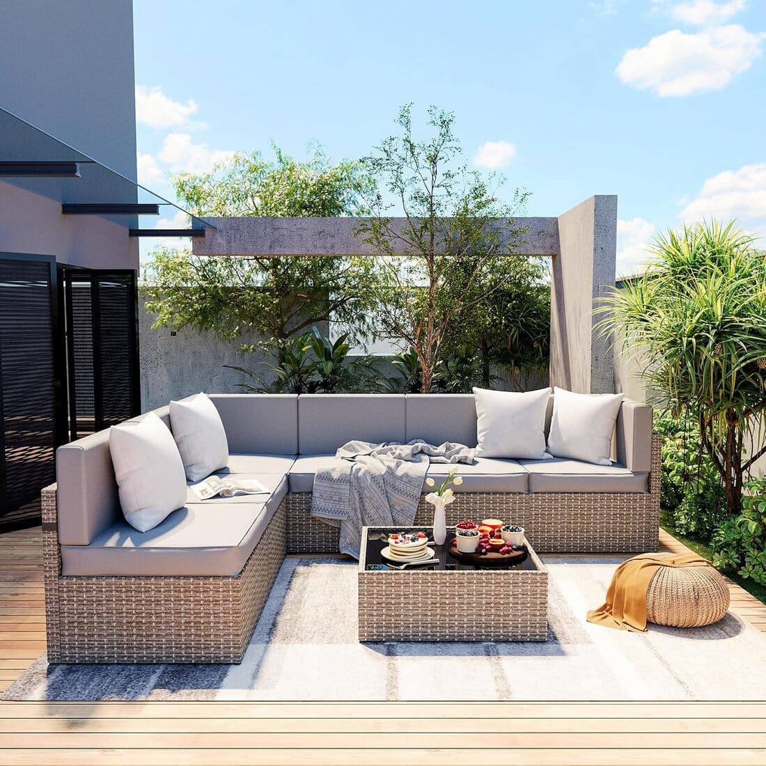 Pamapic Rattan Outdoor Sectional Couch Set  (7 Pieces)