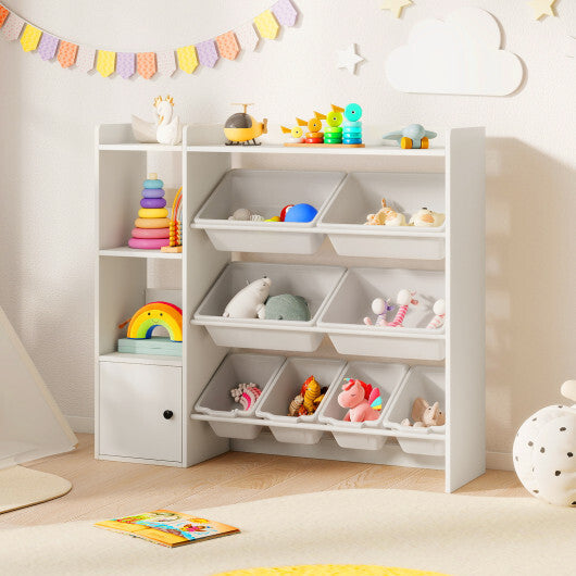 Kids Toy Storage and Bookshelf with Open Shelves and Single-door Cabinet-White