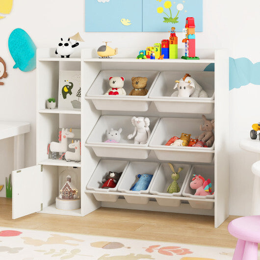 Kids Toy Storage and Bookshelf with Open Shelves and Single-door Cabinet-White