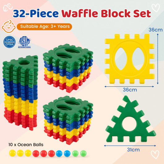 32-Piece Oversized Waffle Block Set with 10 Ocean Balls Easy-to-Use Grid Building Toys