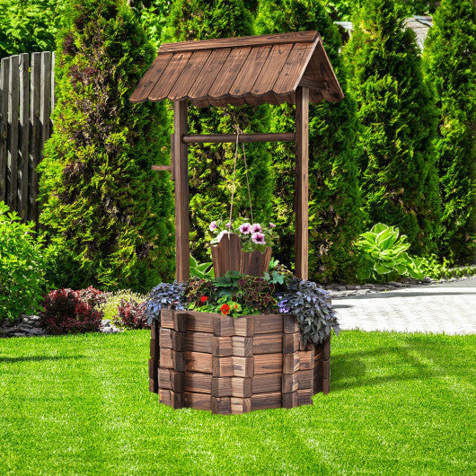 Costway Outdoor Wooden Wishing Well Bucket Flower Plants Planter Patio Garden Home Decor