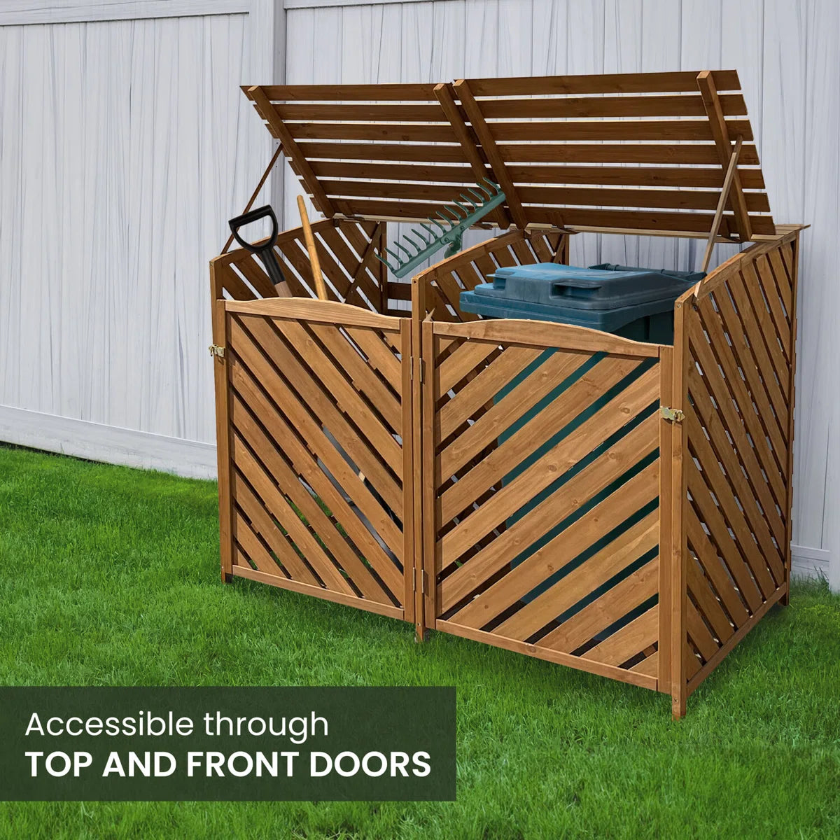 Wooden Trash and Recyclables Bin Storage Shed with Dual Front Doors and Hinged Top Lids in Brown