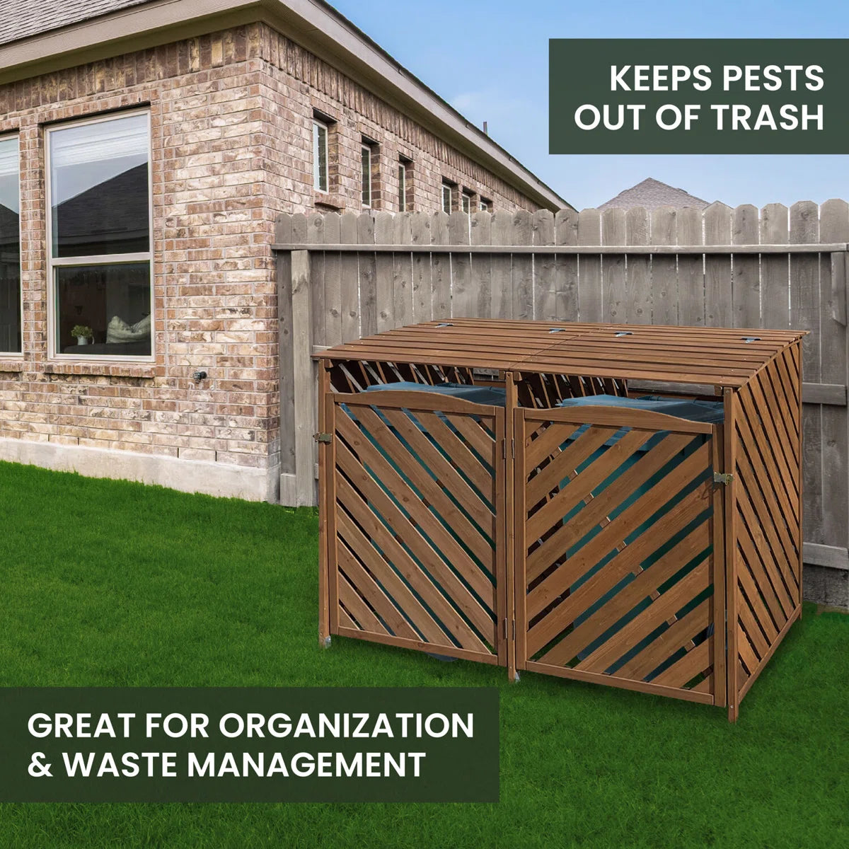 Wooden Trash and Recyclables Bin Storage Shed with Dual Front Doors and Hinged Top Lids in Brown