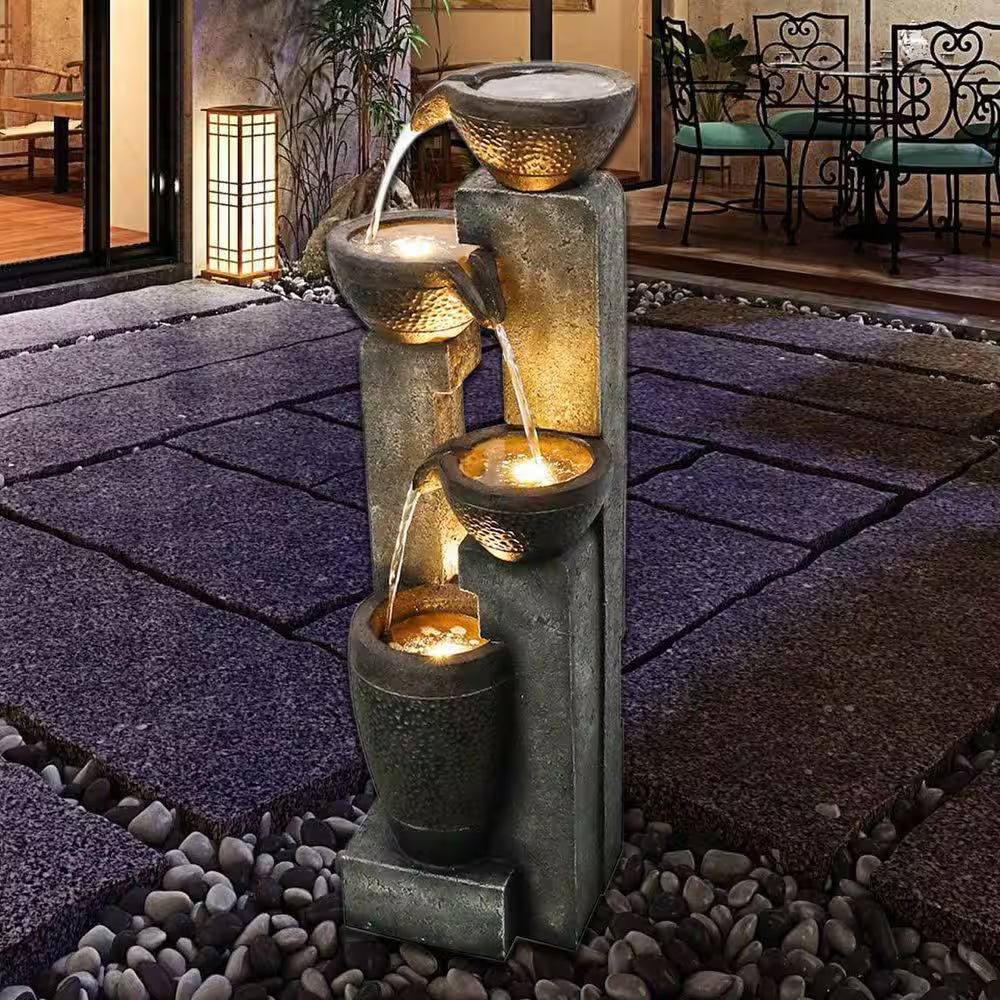 40 In. 4-Tier Resin Indoor Outdoor Fountain, LED Garden Fountain for Garden, Patio, Deck, Porch, Backyard, Home Decor