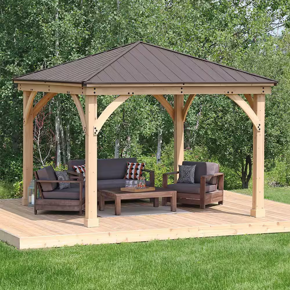 DIY Meridian 12 Ft. X 12 Ft. Cedar Wood Outdoor Gazebo Kit with Hardtop Metal Roof - Permanent Covered Patio Shade
