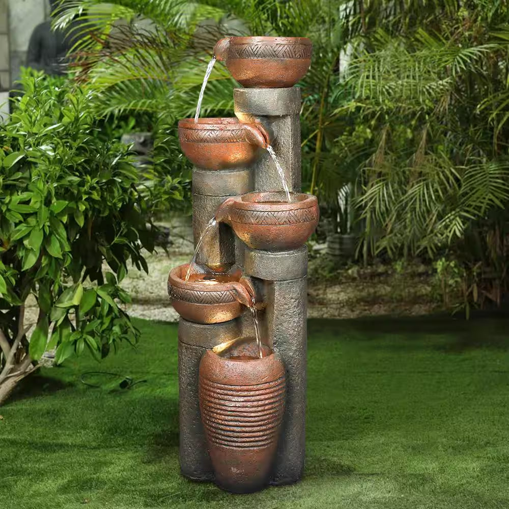 39.7 In. 5-Tier Resin Fiberglass Relaxing Outdoor Indoor Garden Water Fountain with LED Lights for House Art Decor