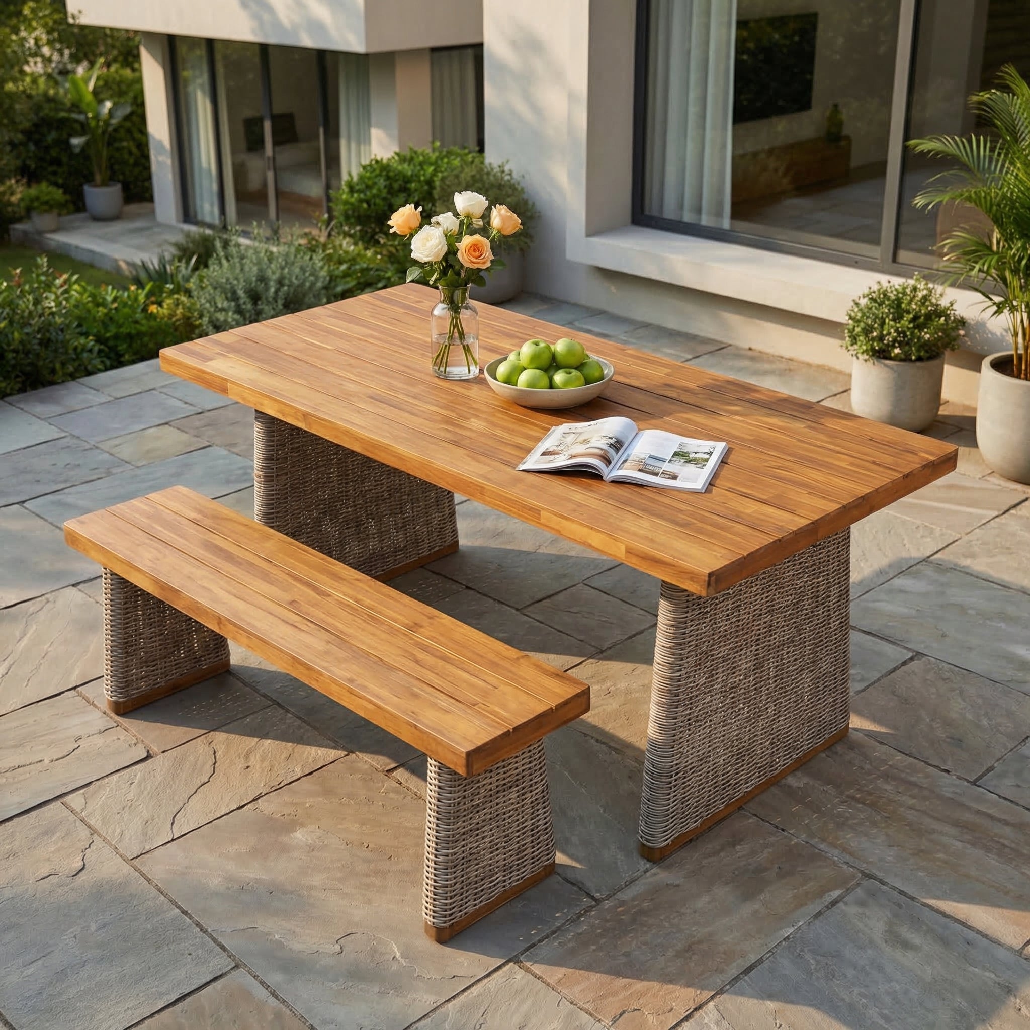 Outdoor Acacia Wood Dining Table Set with 1 Table and 1 Bench