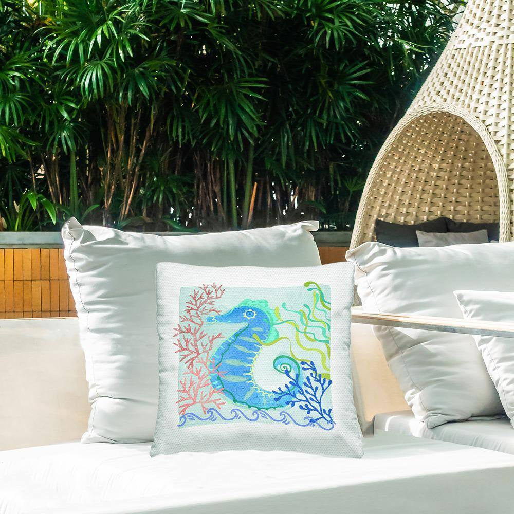Nautical Seahorse Water Wave Multi-Color Square Outdoor Throw Pillow