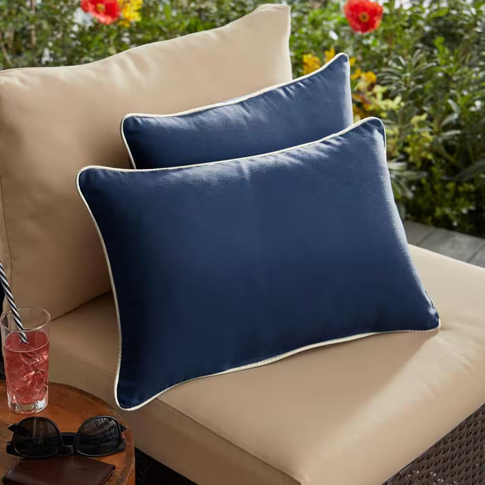 Sunbrella Navy Blue with Ivory Rectangular Outdoor Corded Lumbar Pillows (2-Pack)