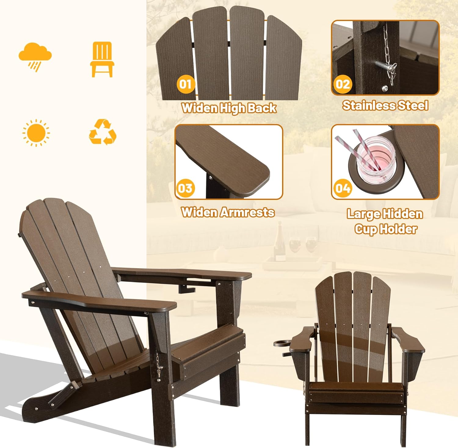Adirondack Chairs Set of 2 with Cup Holder - Brown HDPE Outdoor Chairs