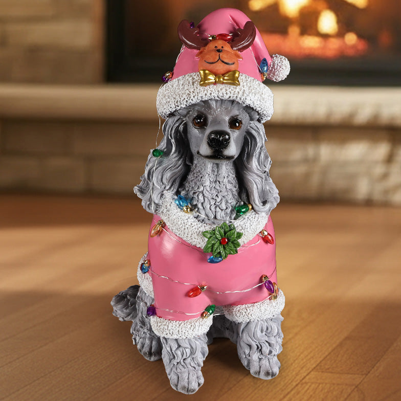 Christmas Poodle Statue with Festive Santa Outfit - Multicolor