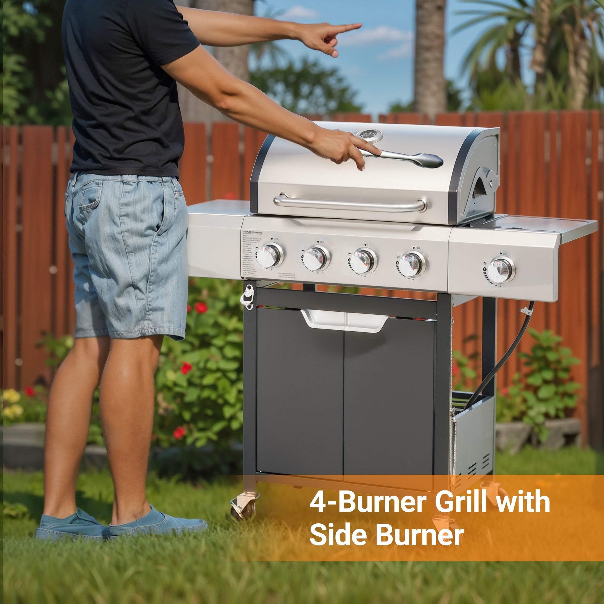 Propane Grill 4 Burner Barbecue Grill Stainless Steel Gas Grill with Side Burner