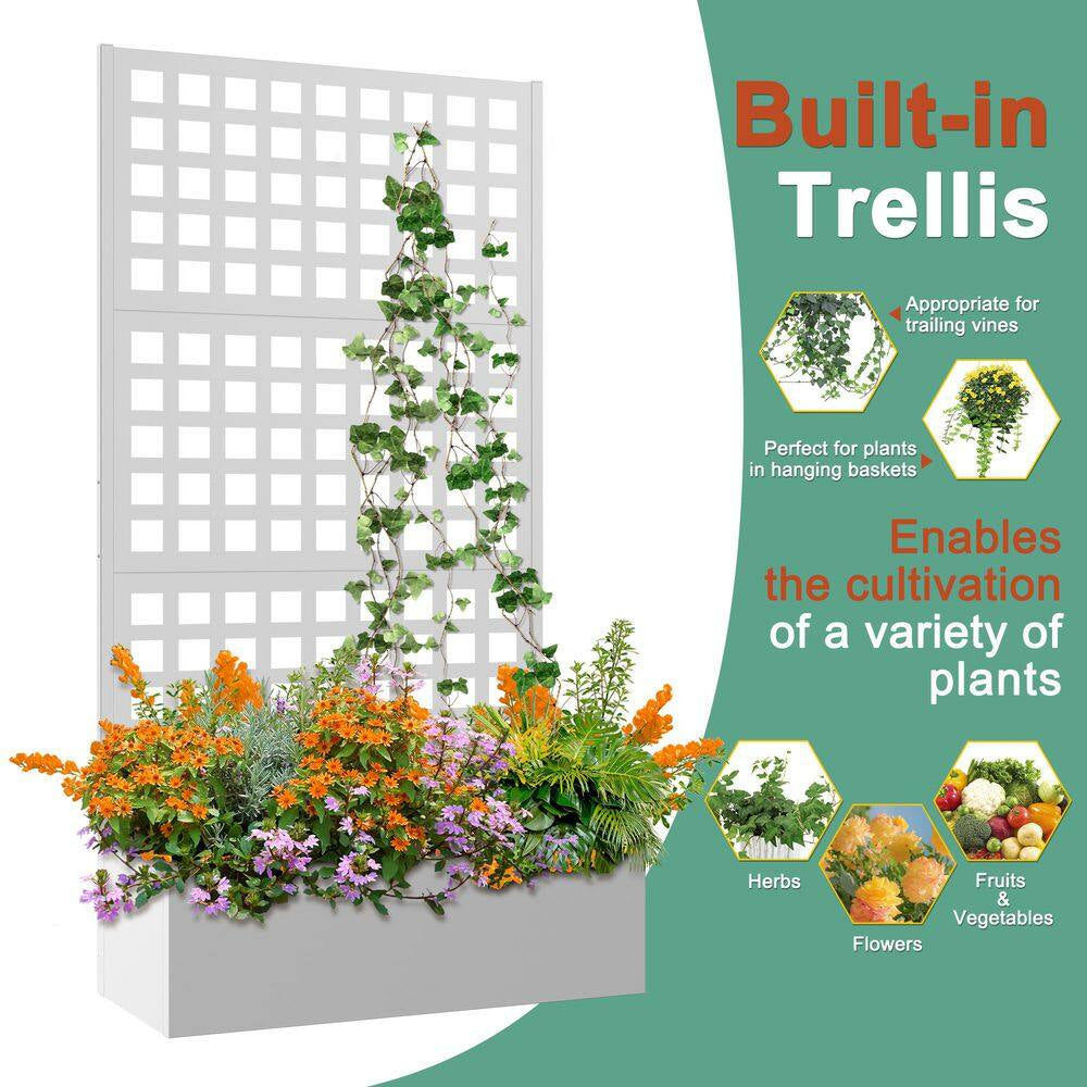35 In. L X 16 In. W X 71 In. H White Metal Raised Garden Planter Box with Trellis for Climbing Plants, Cucumbers