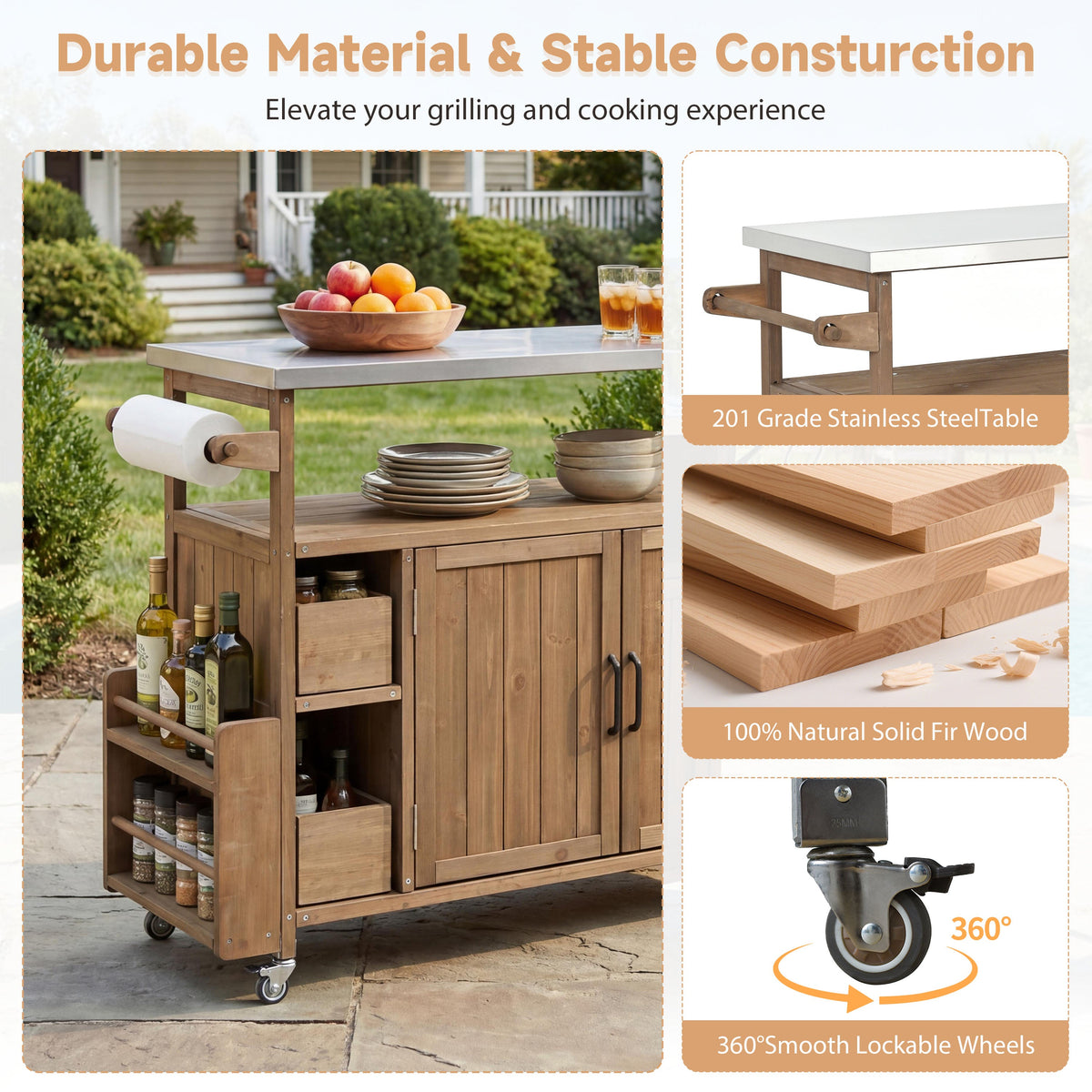 Farmhouse Rolling Outdoor Kitchen Cart with Stainless Steel Top - Natural Wood