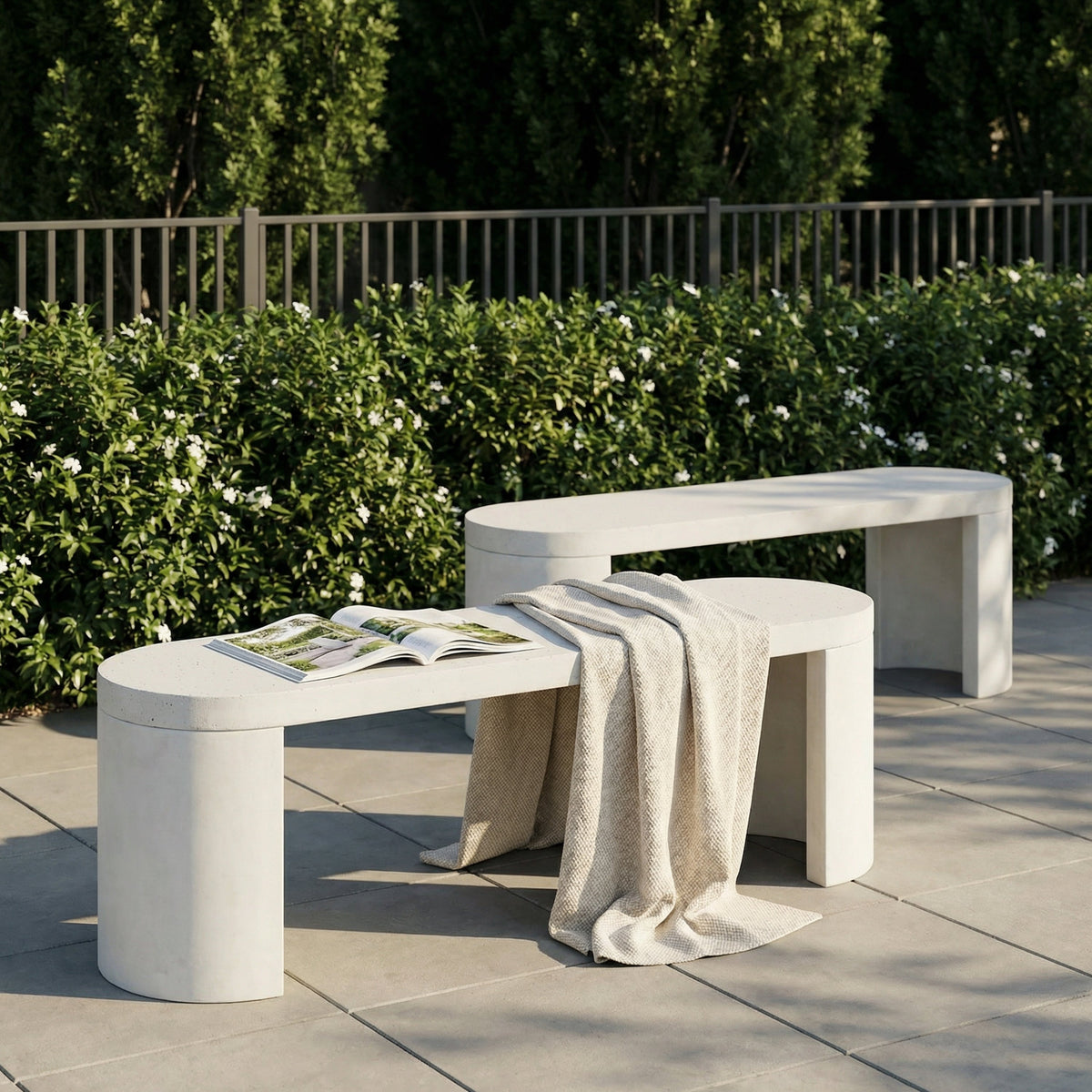 Outdoor Concrete Dining Bench Set of 2 with Terrazzo Finish - White