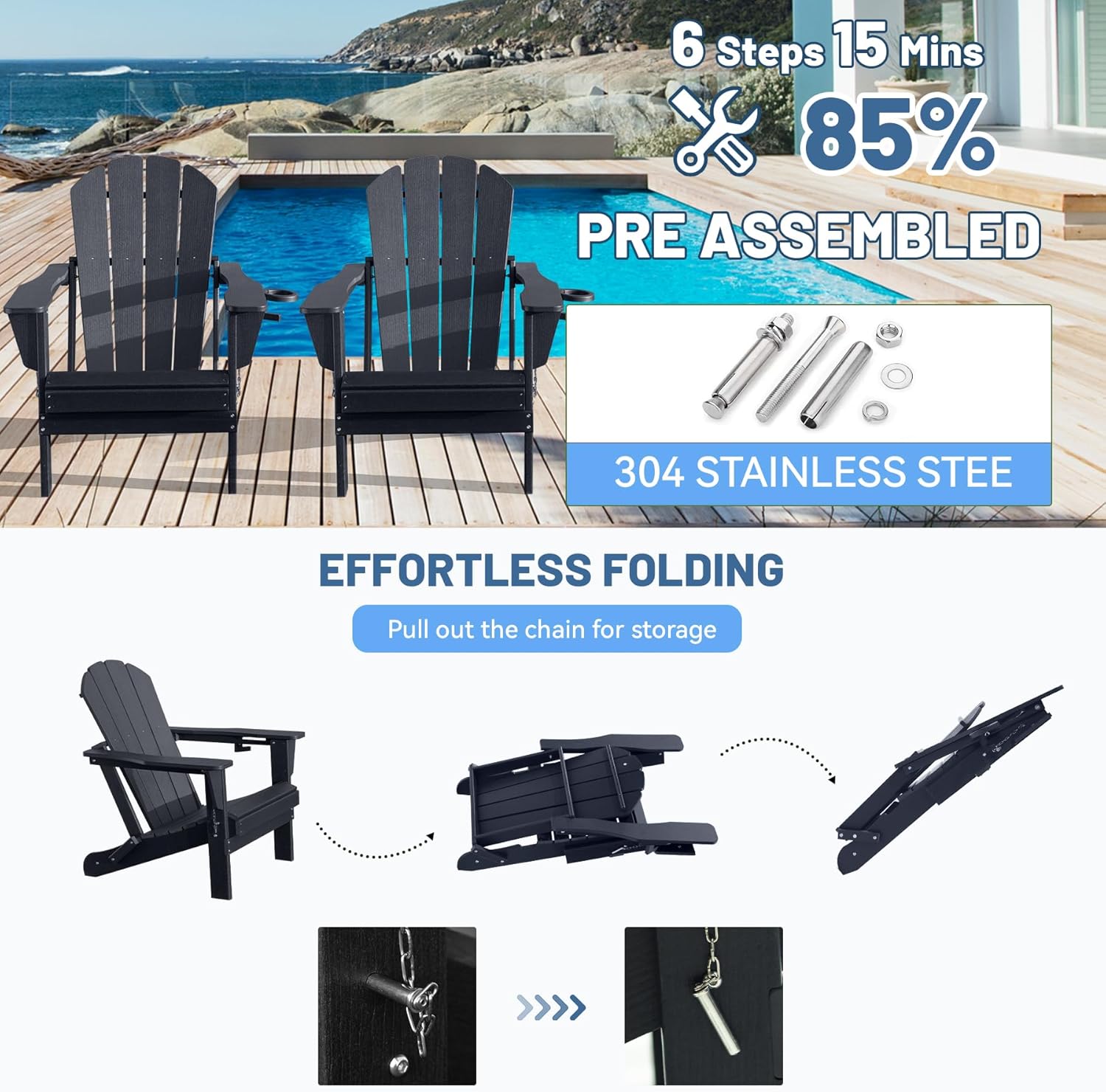 Adirondack Chairs Set of 2, Plastic HDPE Folding Outdoor Chairs with Cup Holder