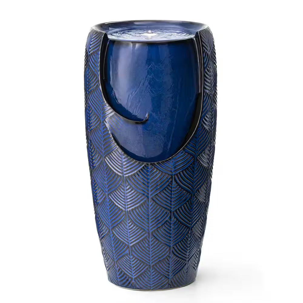 29.25 In. H Outdoor Oversized Cobalt Blue Scale-Like Textured Glaze Ceramic Pot Floor Fountain with LED Light