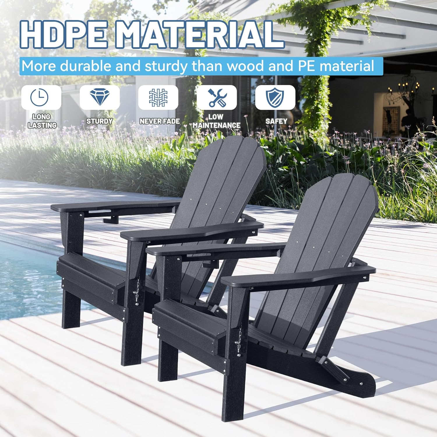 Adirondack Chairs Set of 2, Plastic HDPE Folding Outdoor Chairs with Cup Holder