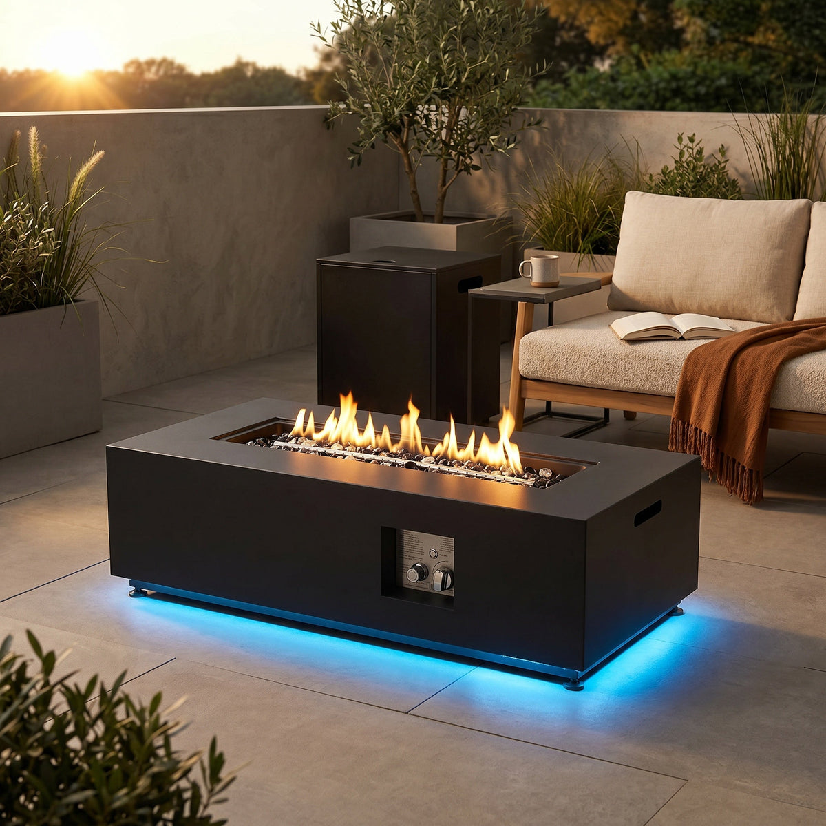 Rectangular Metal LED Firetable with LED Accent - Outdoor
