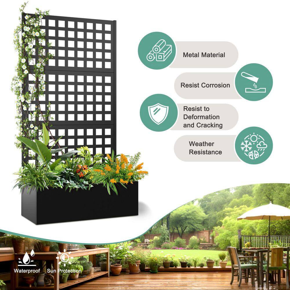 35 In. L X 16 In. W X 71 In. H Black Metal Raised Garden Planter Box Trellis-Rectangle Outdoor Pot for Climbing Plants